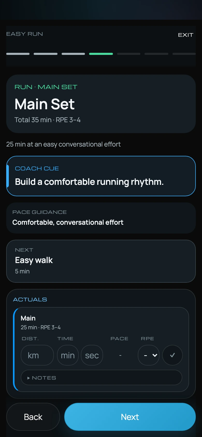 AfterStride guided running session screen with fictional example data
