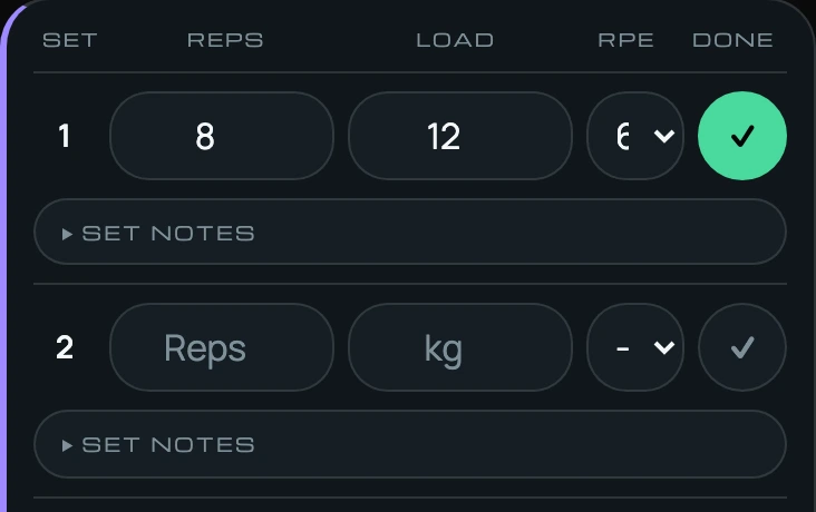 Actual AfterStride set log with an example completed set: 8 repetitions, 12 kg and RPE 6