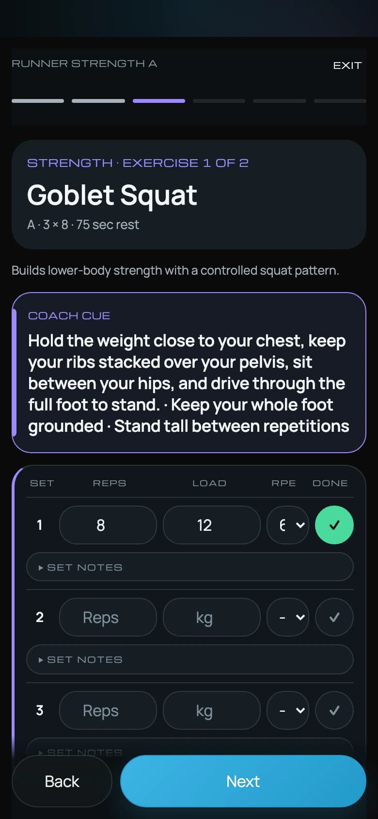 AfterStride strength screen with fictional example data