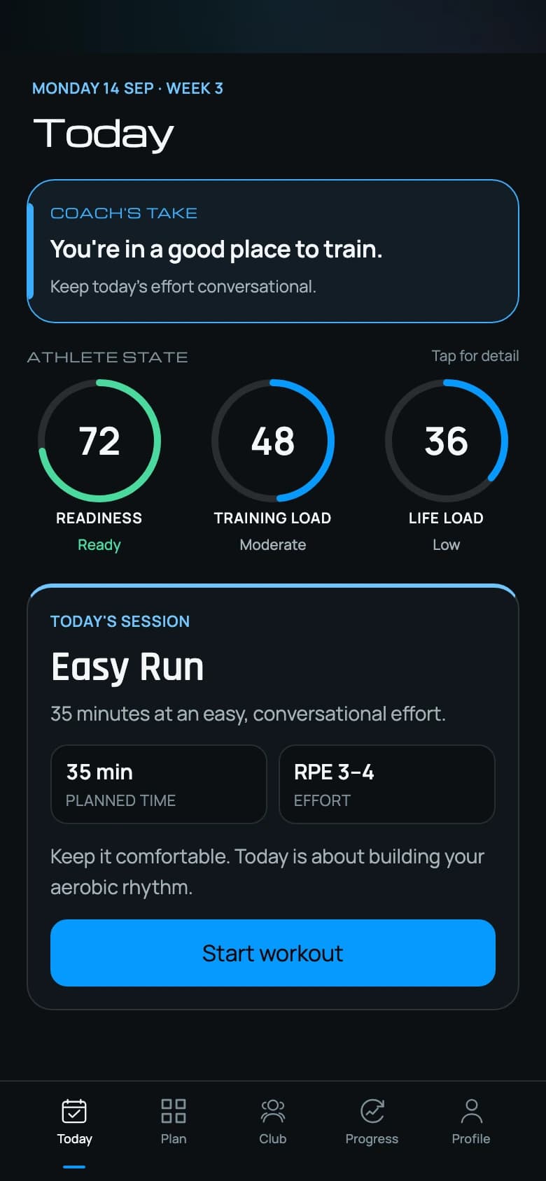AfterStride today screen with fictional example data