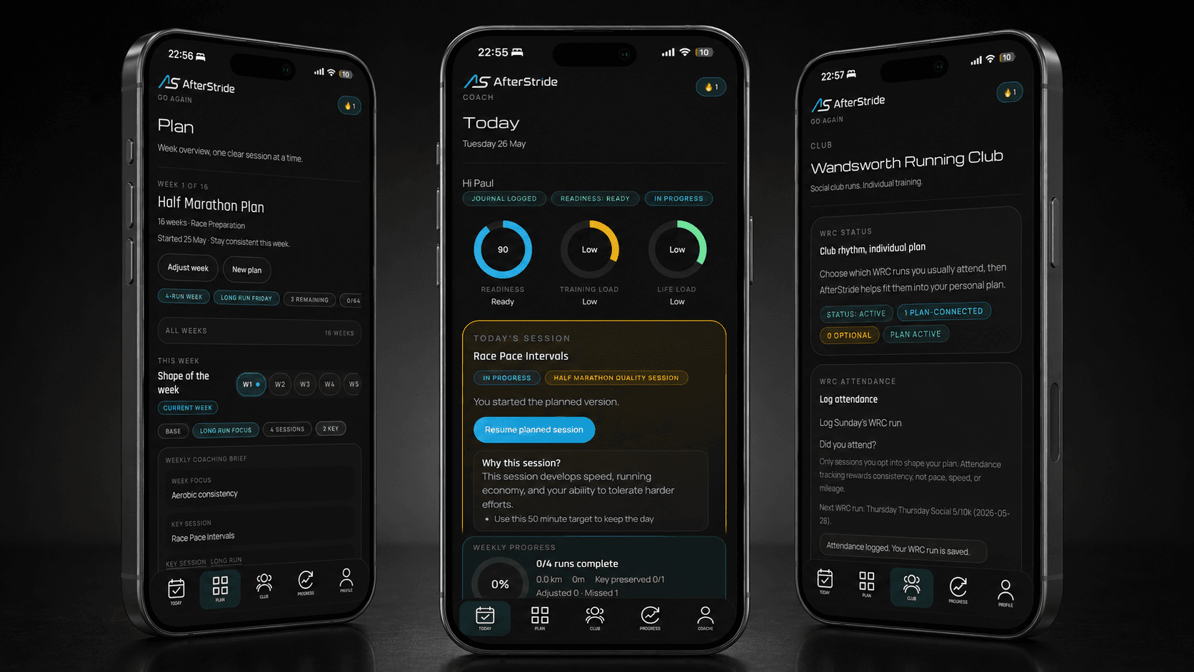 AfterStride product mockups showing the plan, today dashboard, and club experience.