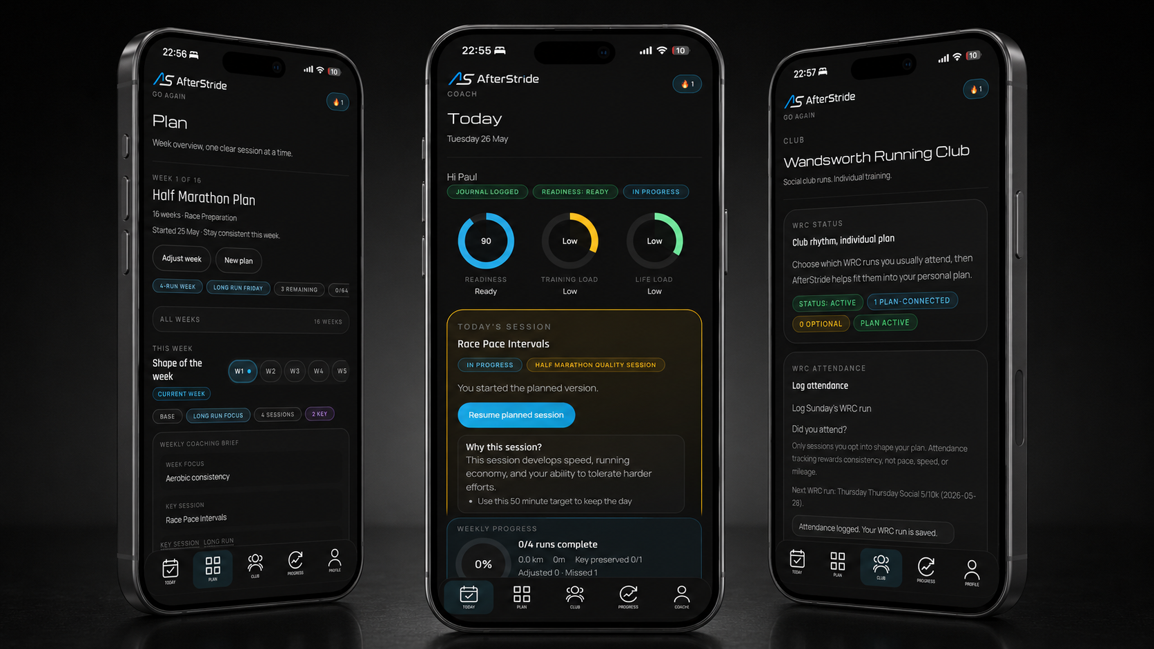 AfterStride app screens showing plan, today, and run club views